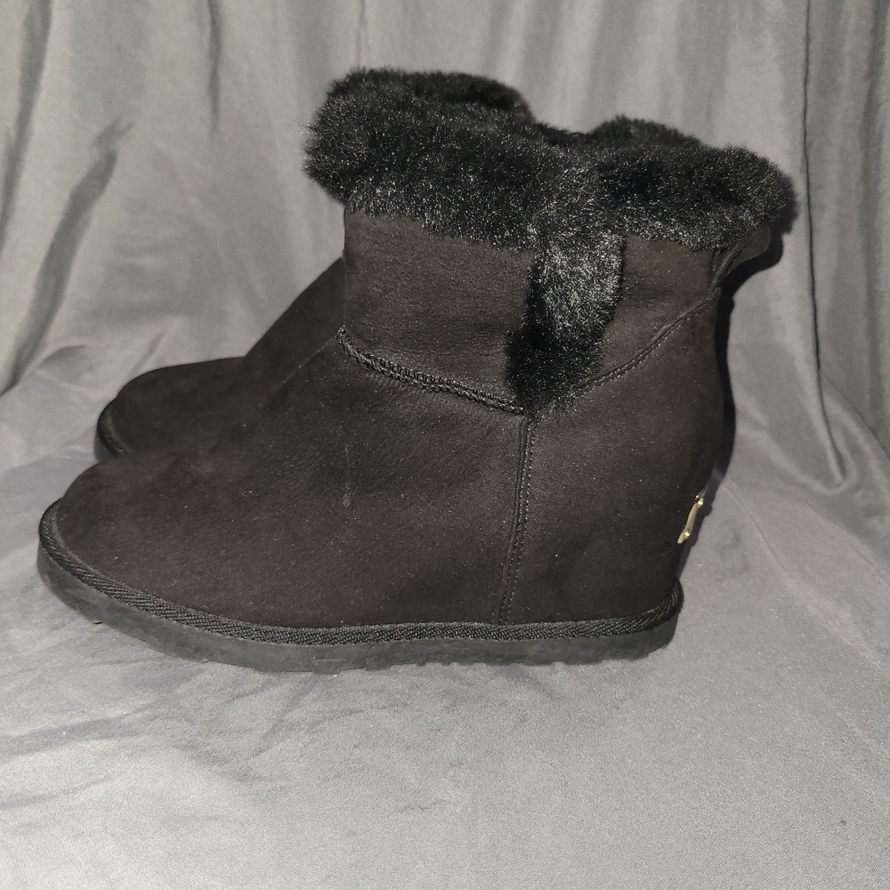 Juicy Couture Black Suede Faux Fur Cuffed Wedge Booties